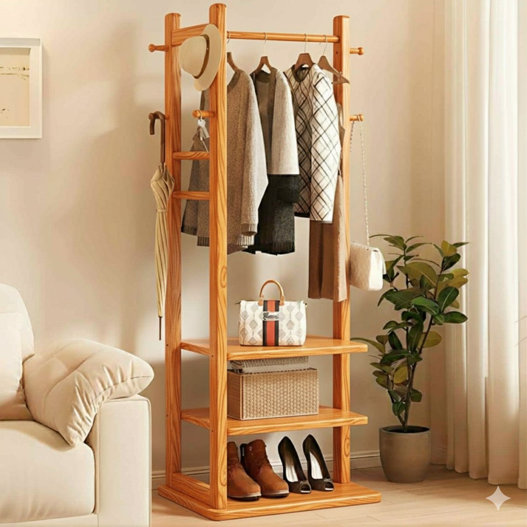 Wooden Multi Layer Alna With 6 Side Hook And 3 Shelf For Bedroom | wooden cloth stand