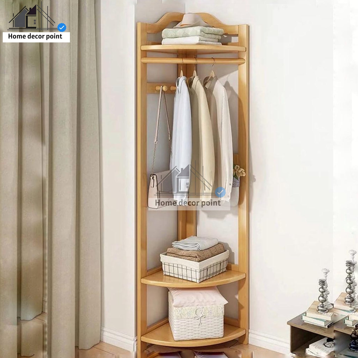 Wooden Clothes Rack Stand with Shelves Durable Side Hooks