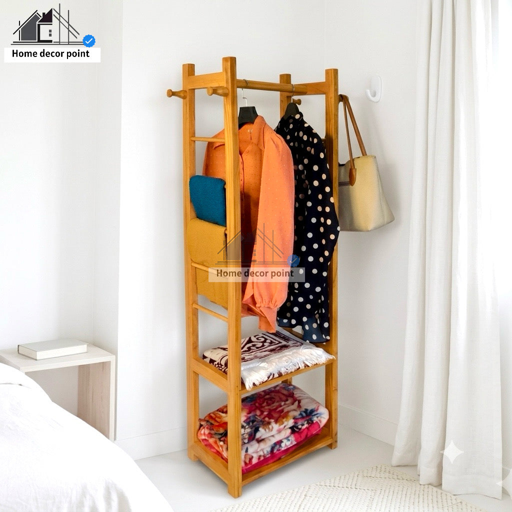 Wooden Clothes Rack Stand with Shelves Durable Side Hooks