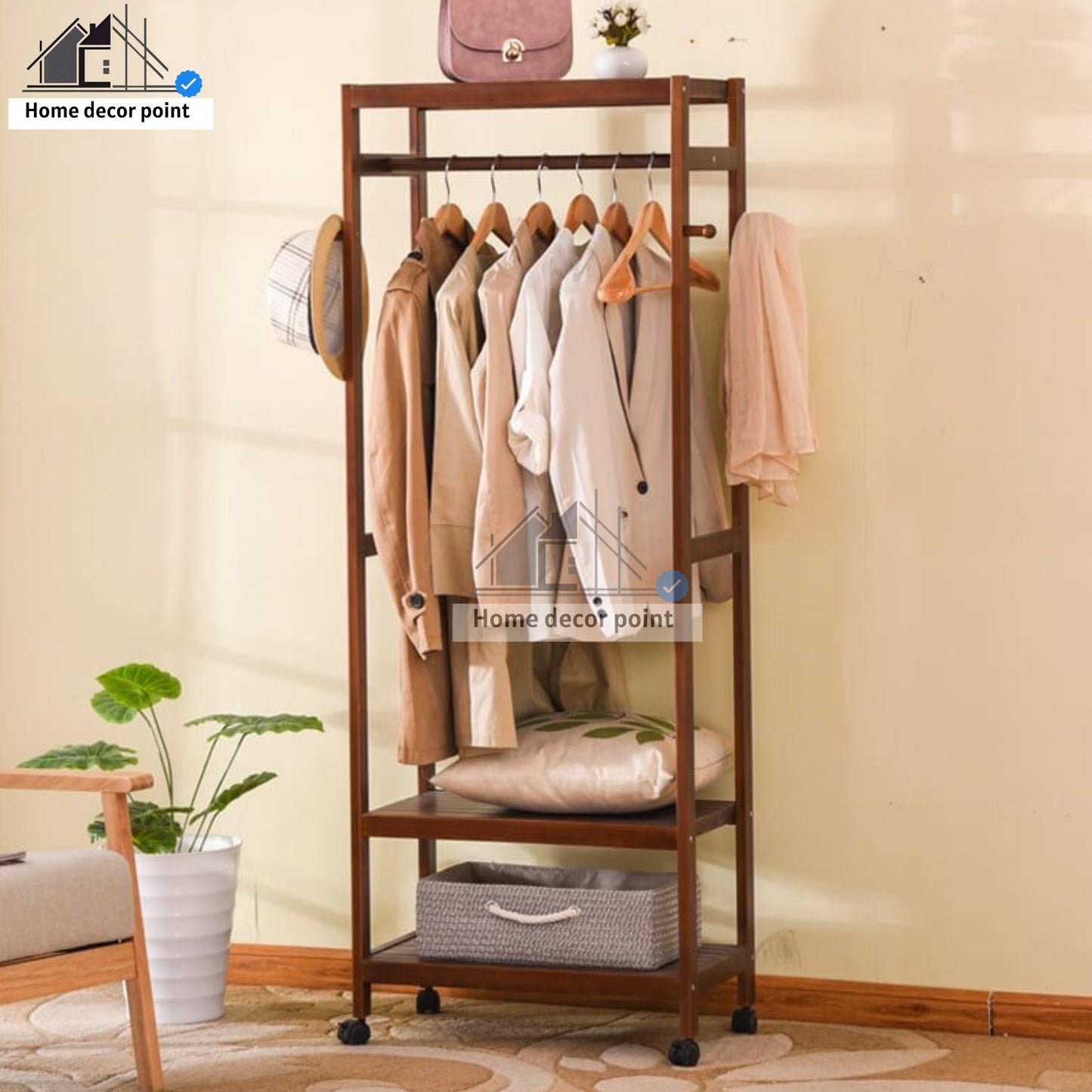Wooden Clothes Rack Stand with Shelves Durable Side Hooks