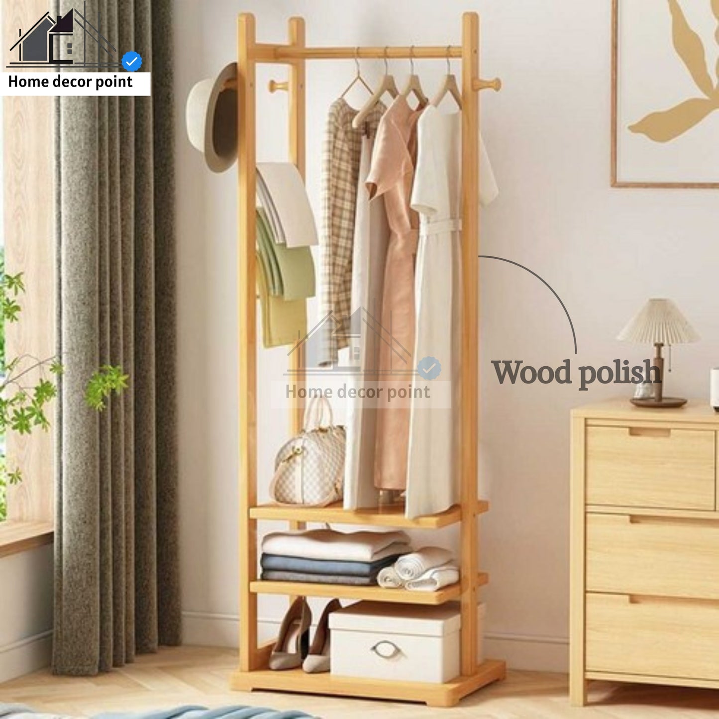 Wooden Multi Layer Alna With 6 Side Hook And 3 Shelf For Bedroom | wooden cloth stand