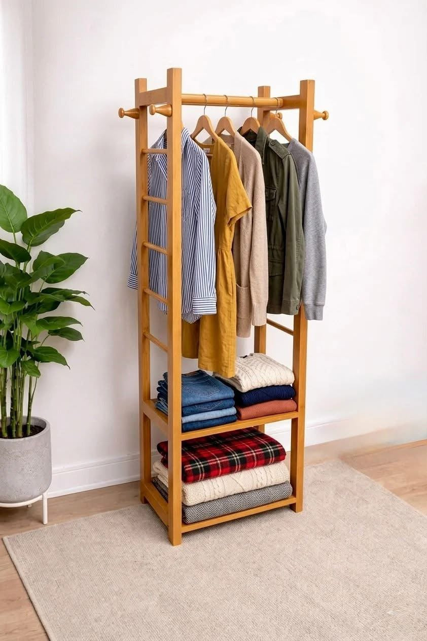 Wooden Clothes Rack Stand with Shelves Durable Side Hooks