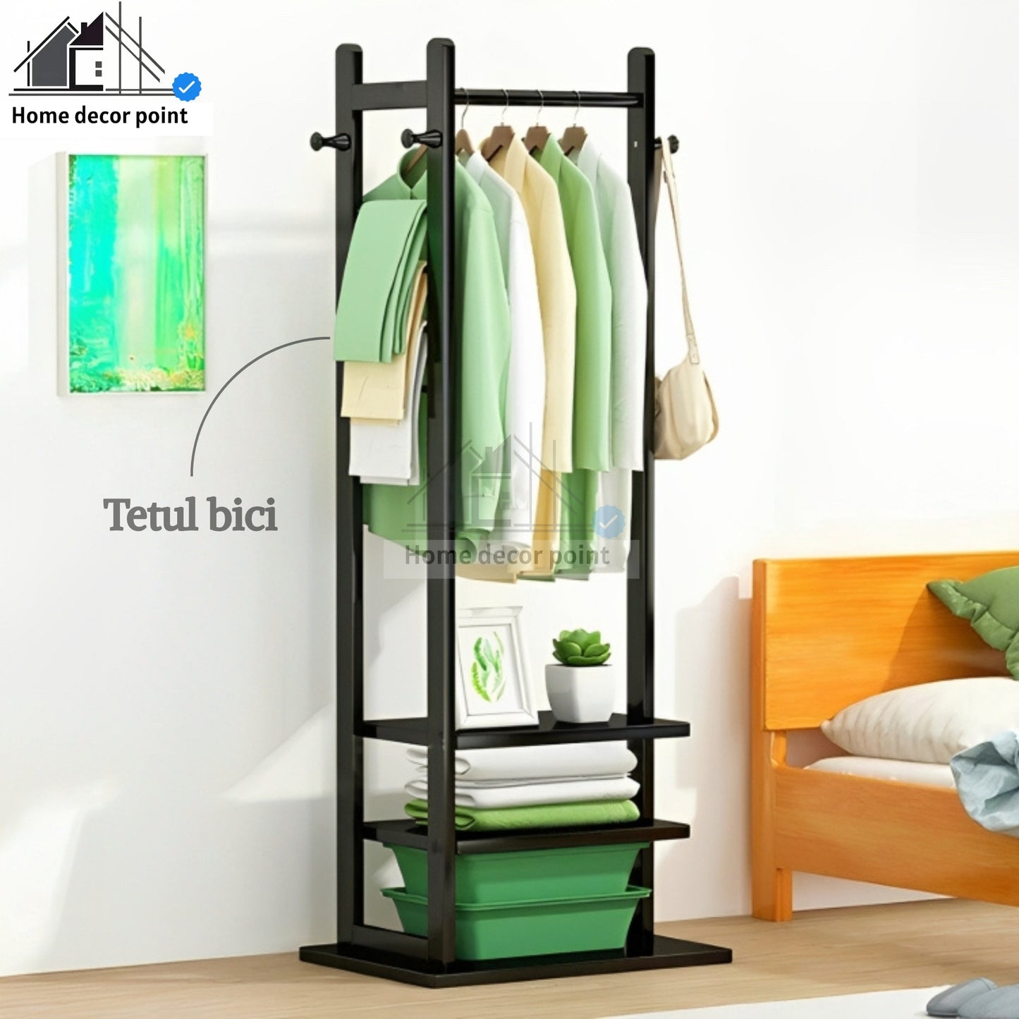 Wooden Multi Layer Alna With 6 Side Hook And 3 Shelf For Bedroom | wooden cloth stand