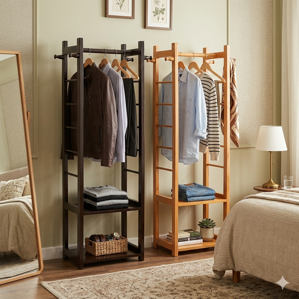 Wooden Clothes Rack Stand with Shelves Durable Side Hooks