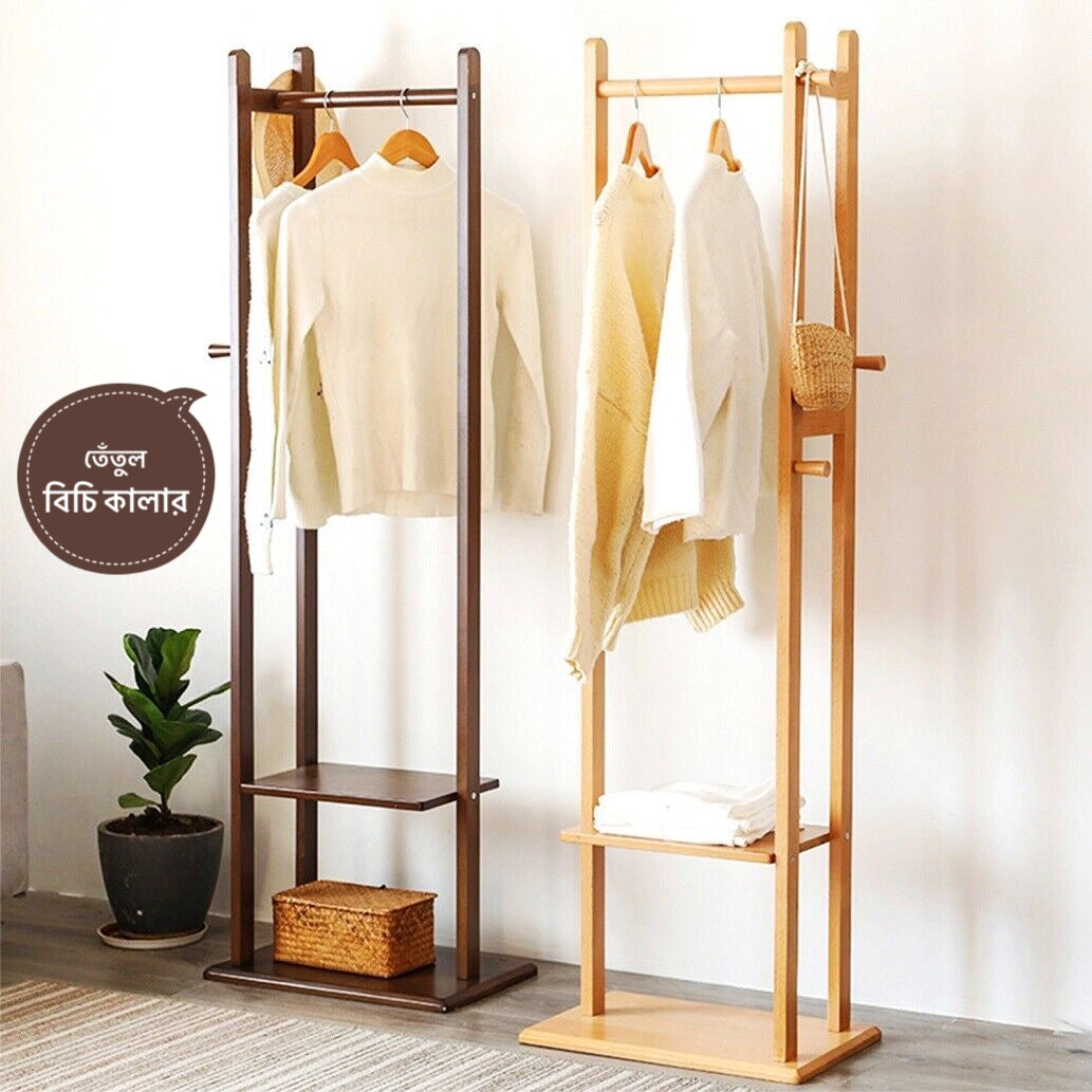 Wooden Clothes Rack Stand with Shelves Durable Side Hooks