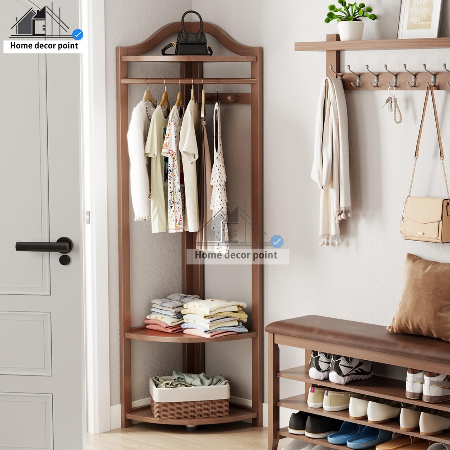 Wooden Clothes Rack Stand with Shelves Durable Side Hooks