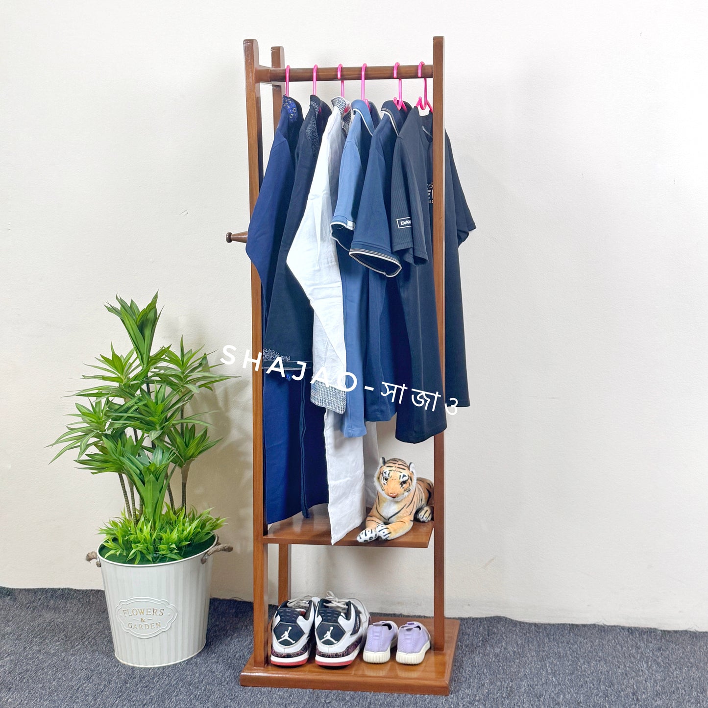 Wooden Clothes Rack Stand with Shelves Durable Side Hooks