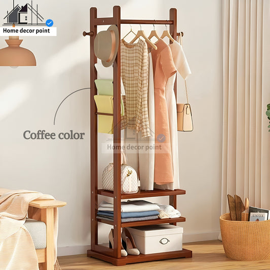 Wooden Multi Layer Alna With 6 Side Hook And 3 Shelf For Bedroom | wooden cloth stand