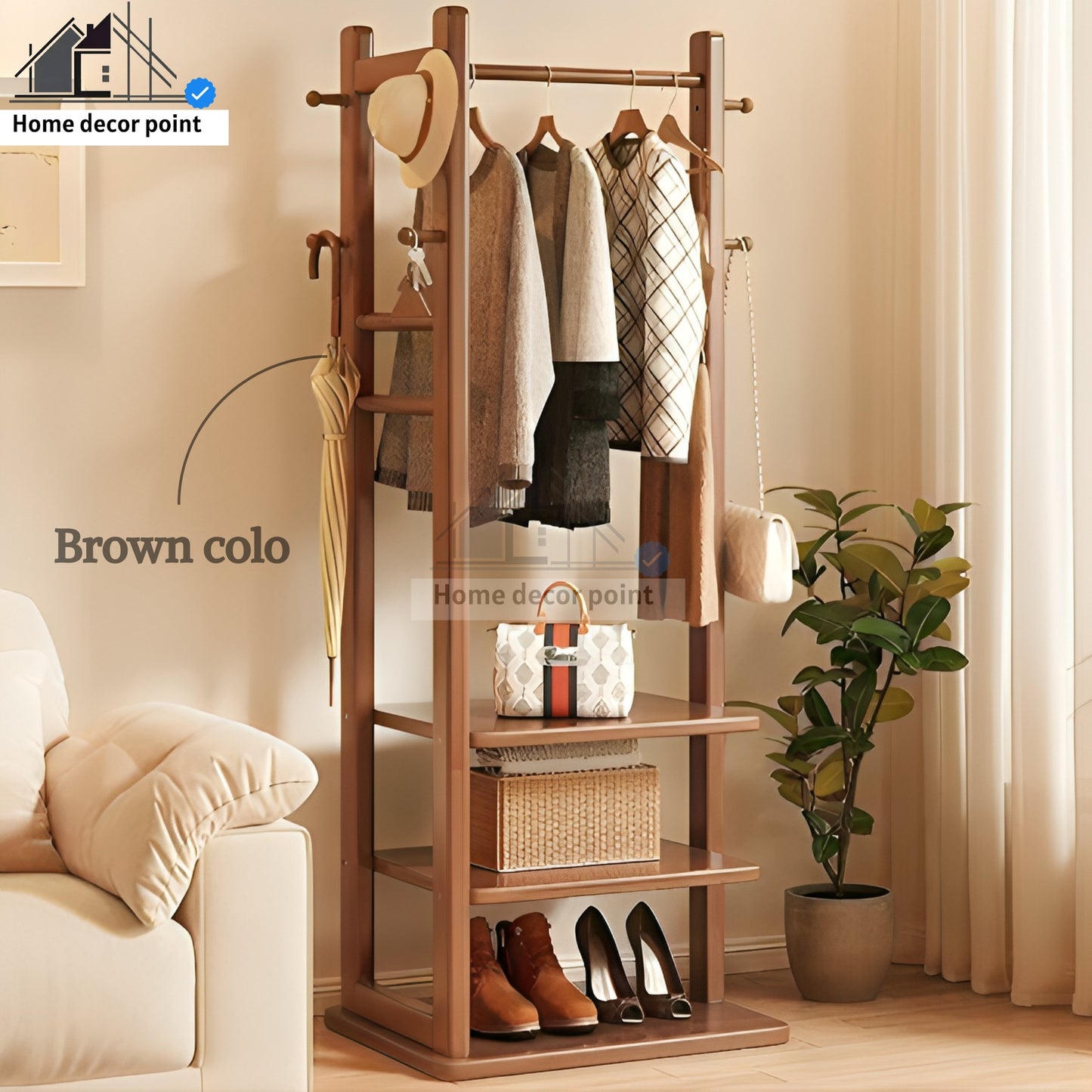 Wooden Multi Layer Alna With 6 Side Hook And 3 Shelf For Bedroom | wooden cloth stand