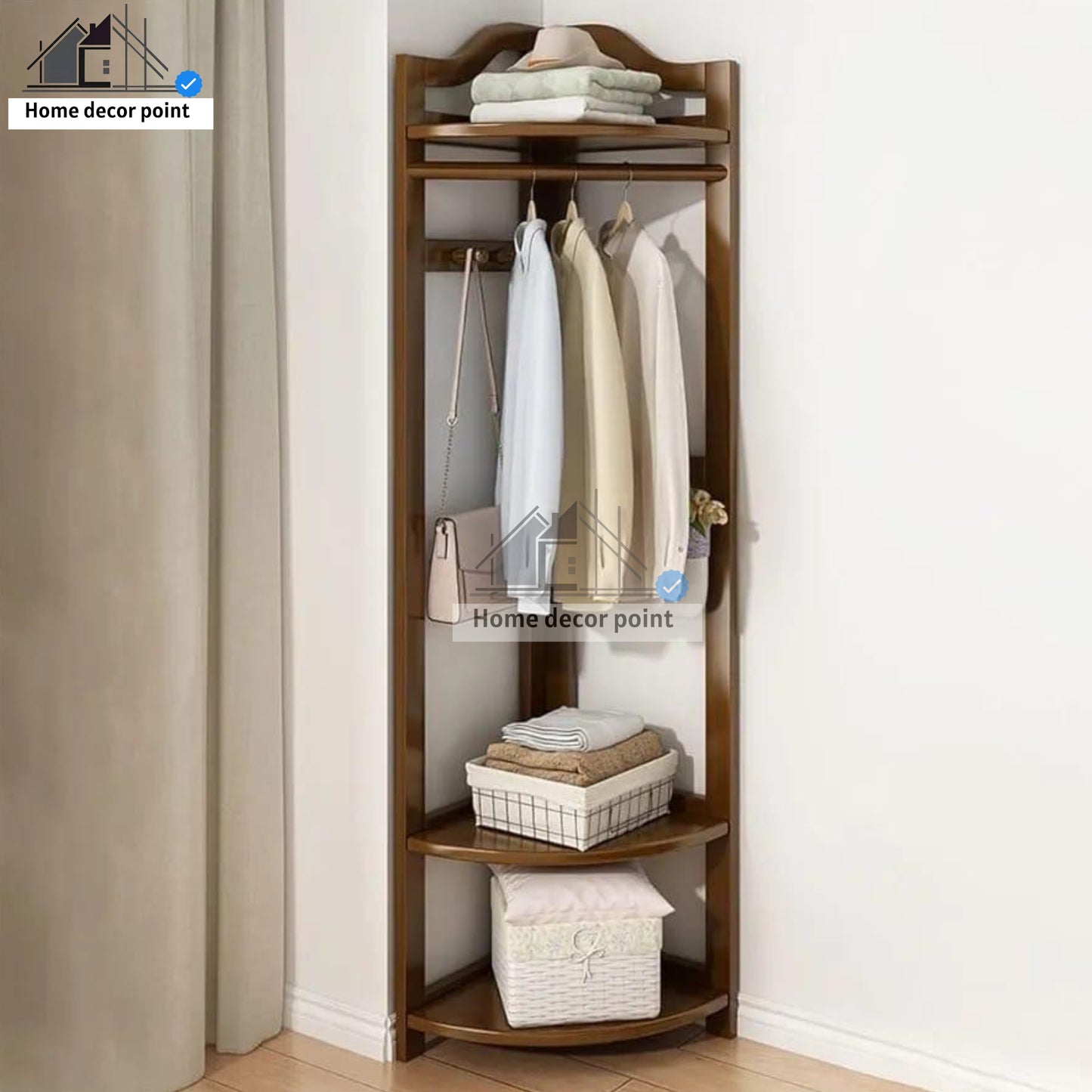 Wooden Clothes Rack Stand with Shelves Durable Side Hooks