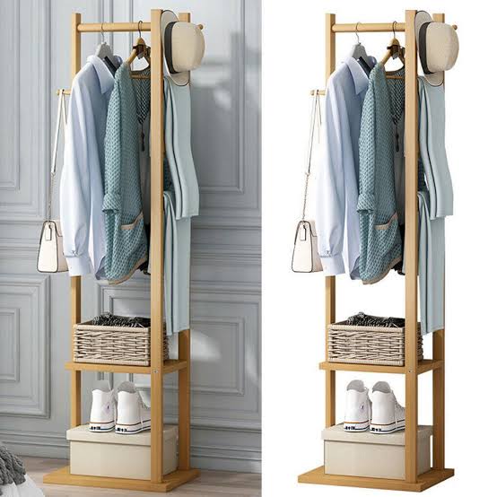 Wooden Clothes Rack Stand with Shelves Durable Side Hooks