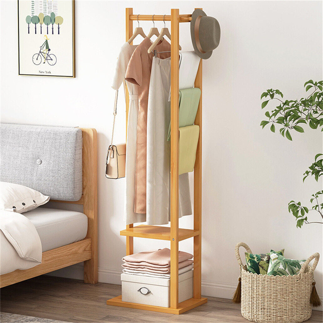 Wooden Clothes Rack Stand with Shelves Durable Side Hooks