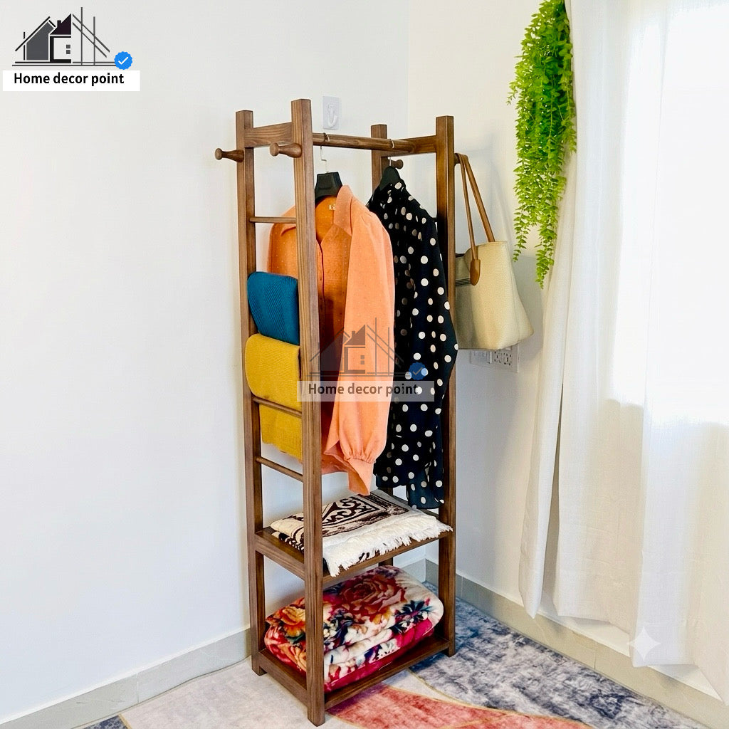 Wooden Clothes Rack Stand with Shelves Durable Side Hooks