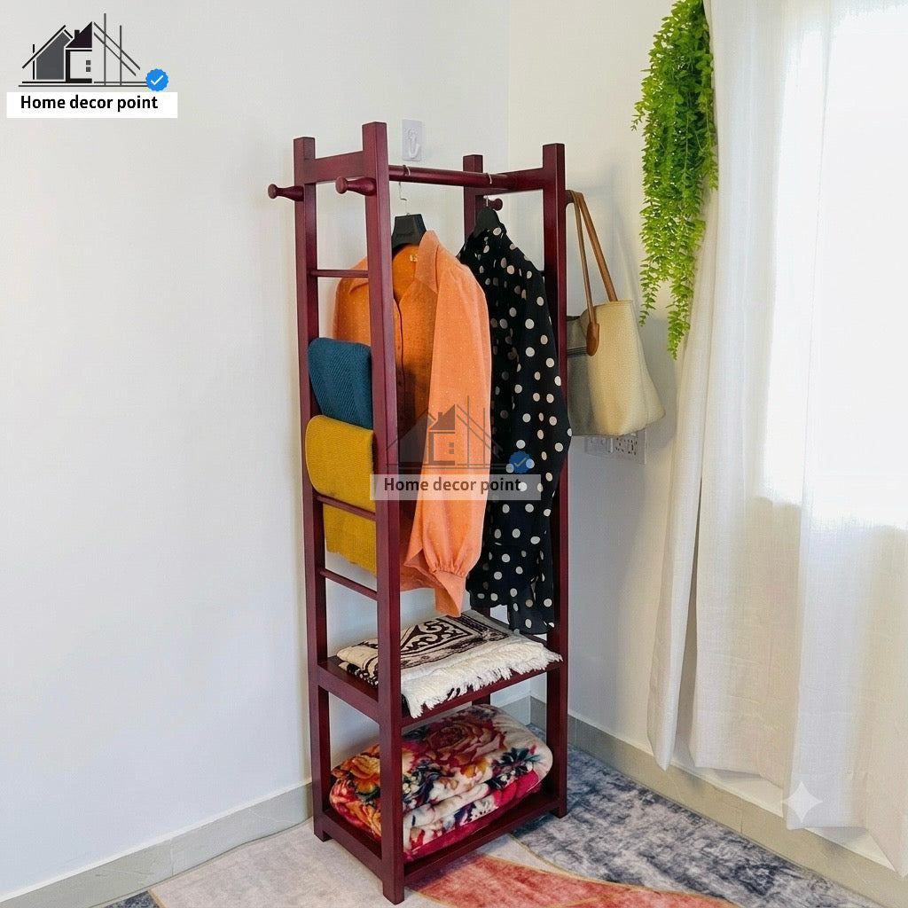 Wooden Clothes Rack Stand with Shelves Durable Side Hooks