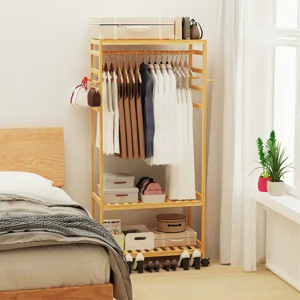 3 tier Movable Wood Clothes Rack Stand with Shelves Durable Side Hooks